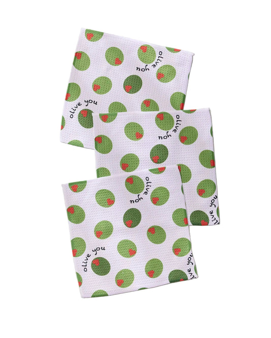 Three dish towels with green olive pattern and 'olive you' text on a white background