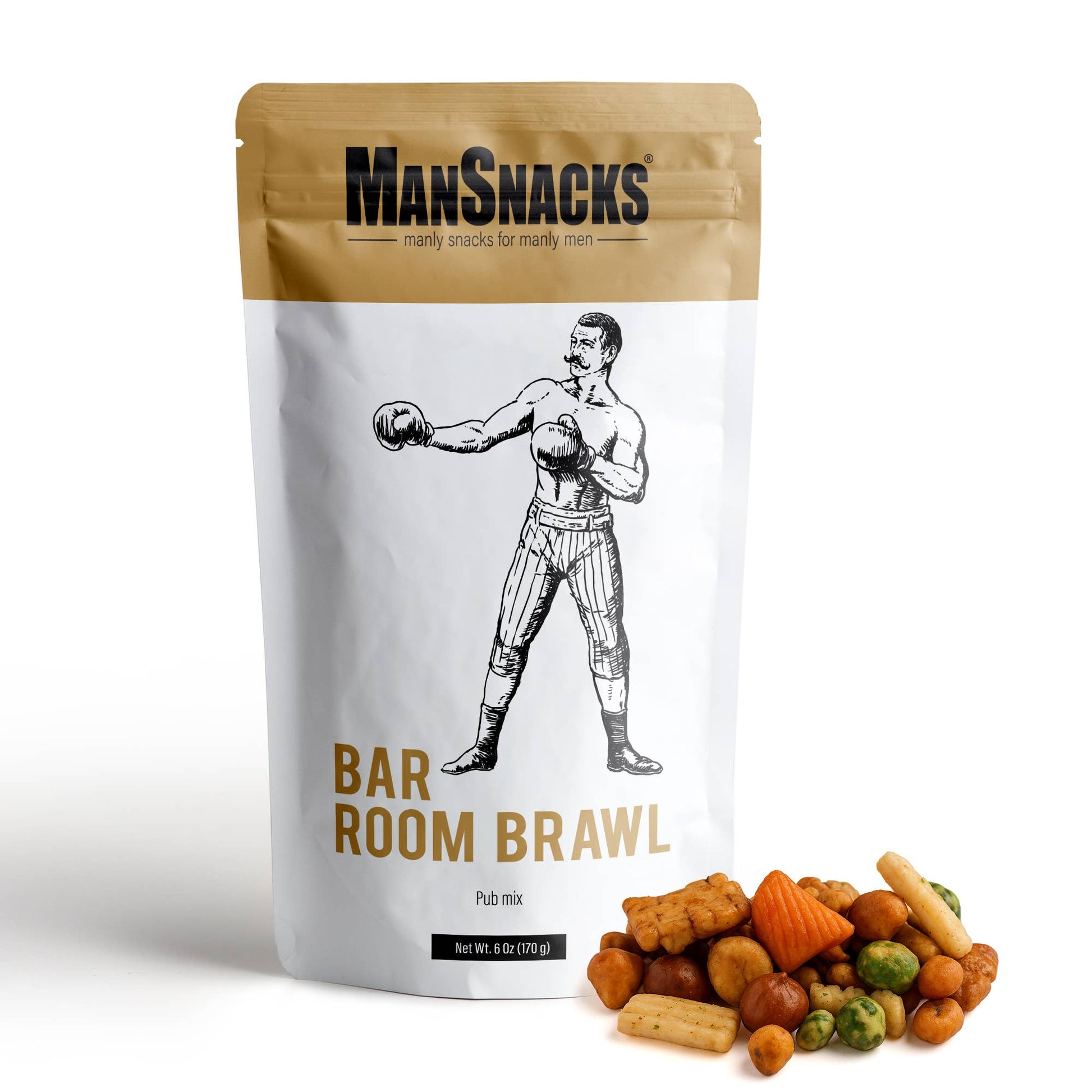 ManSnacks Bar Room Brawl snack mix packaging with illustrations and text.