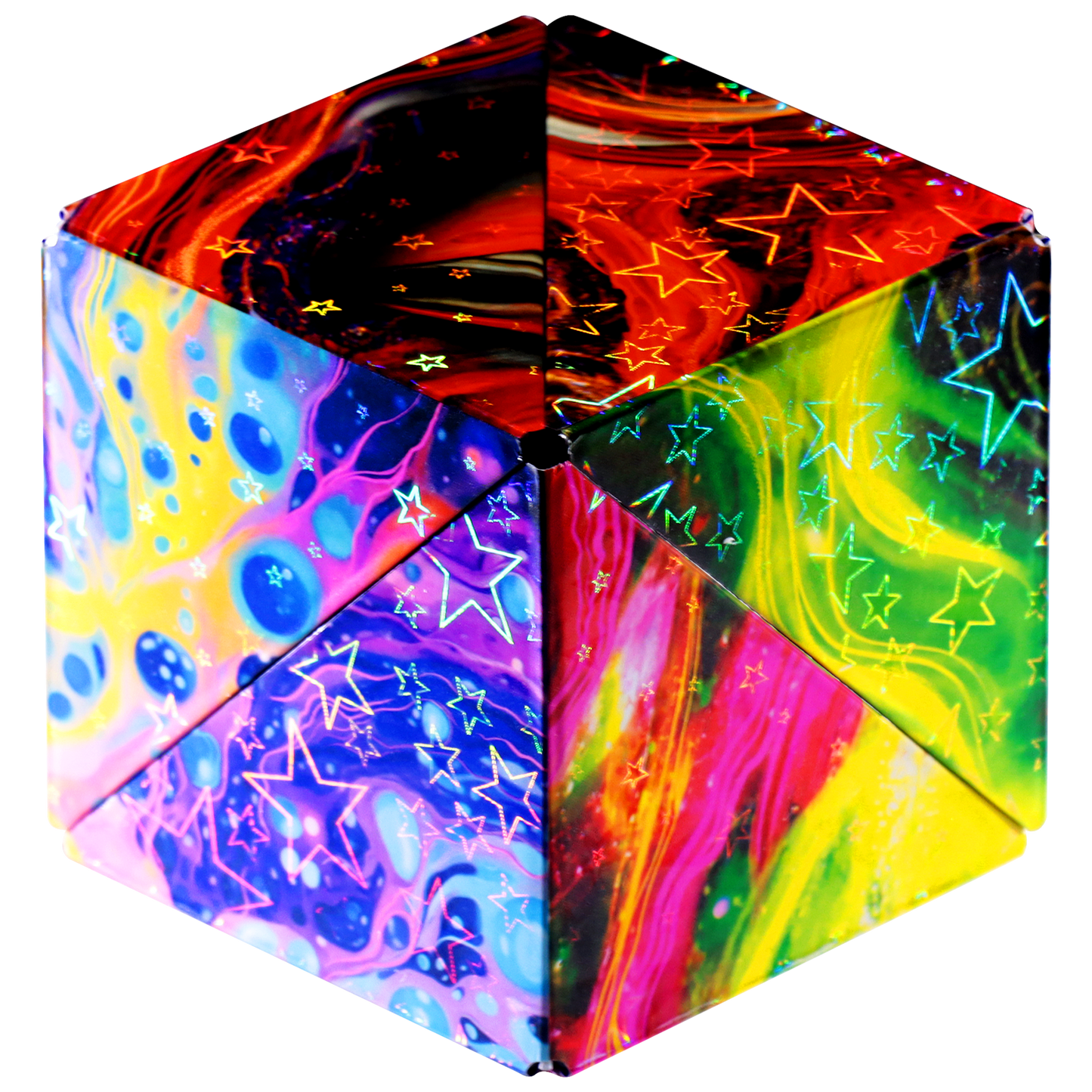 Colorful geometric cube with star and swirl patterns on a white background