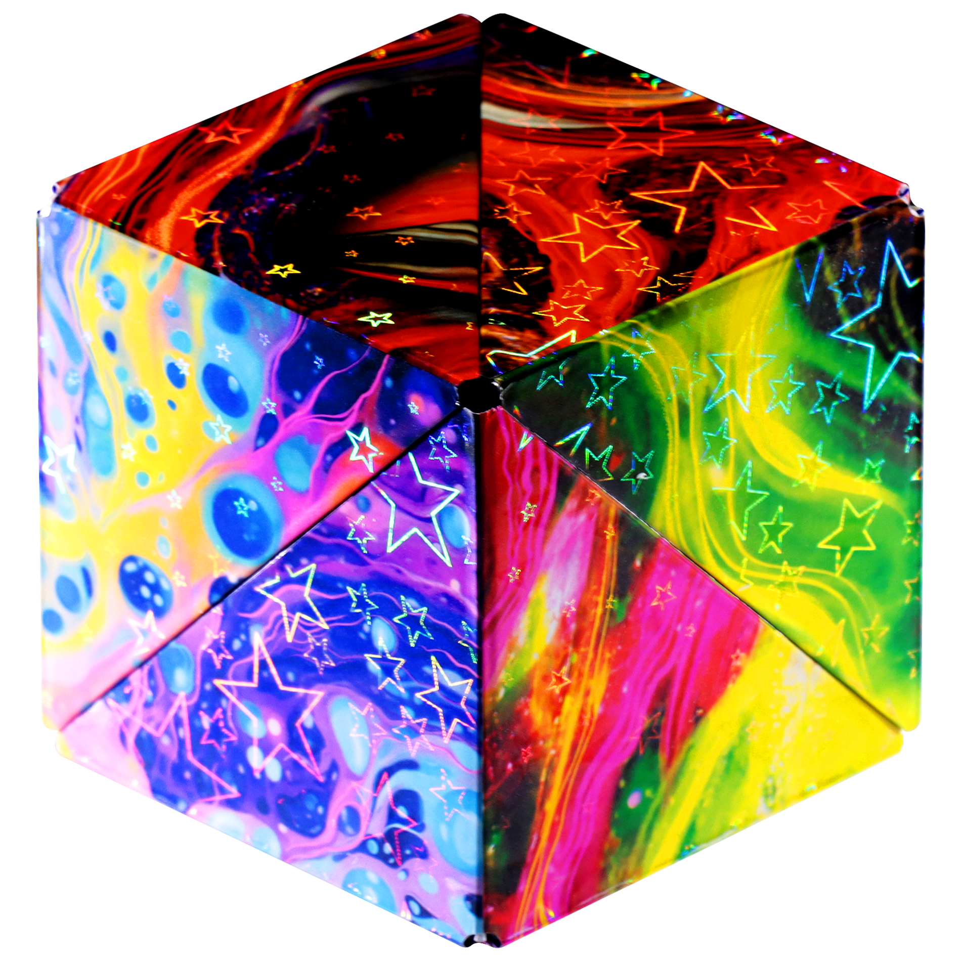 Colorful geometric cube with star and swirl patterns on a white background