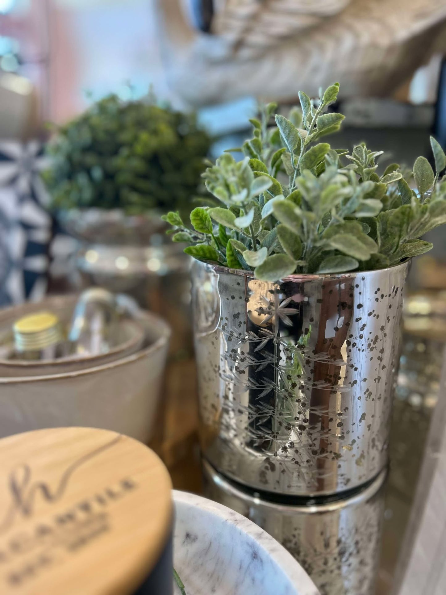 Mercury Glass Vase with Etched Tree