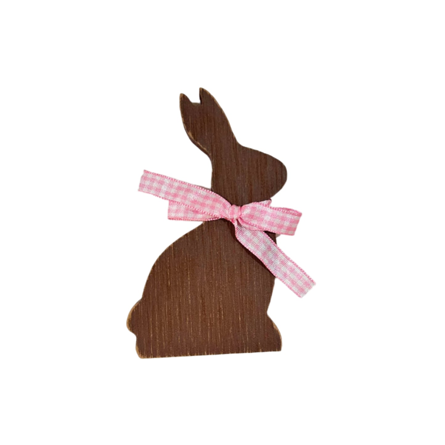 Wooden Chocolate Bunny Sitter With Pink Gingham  Bow