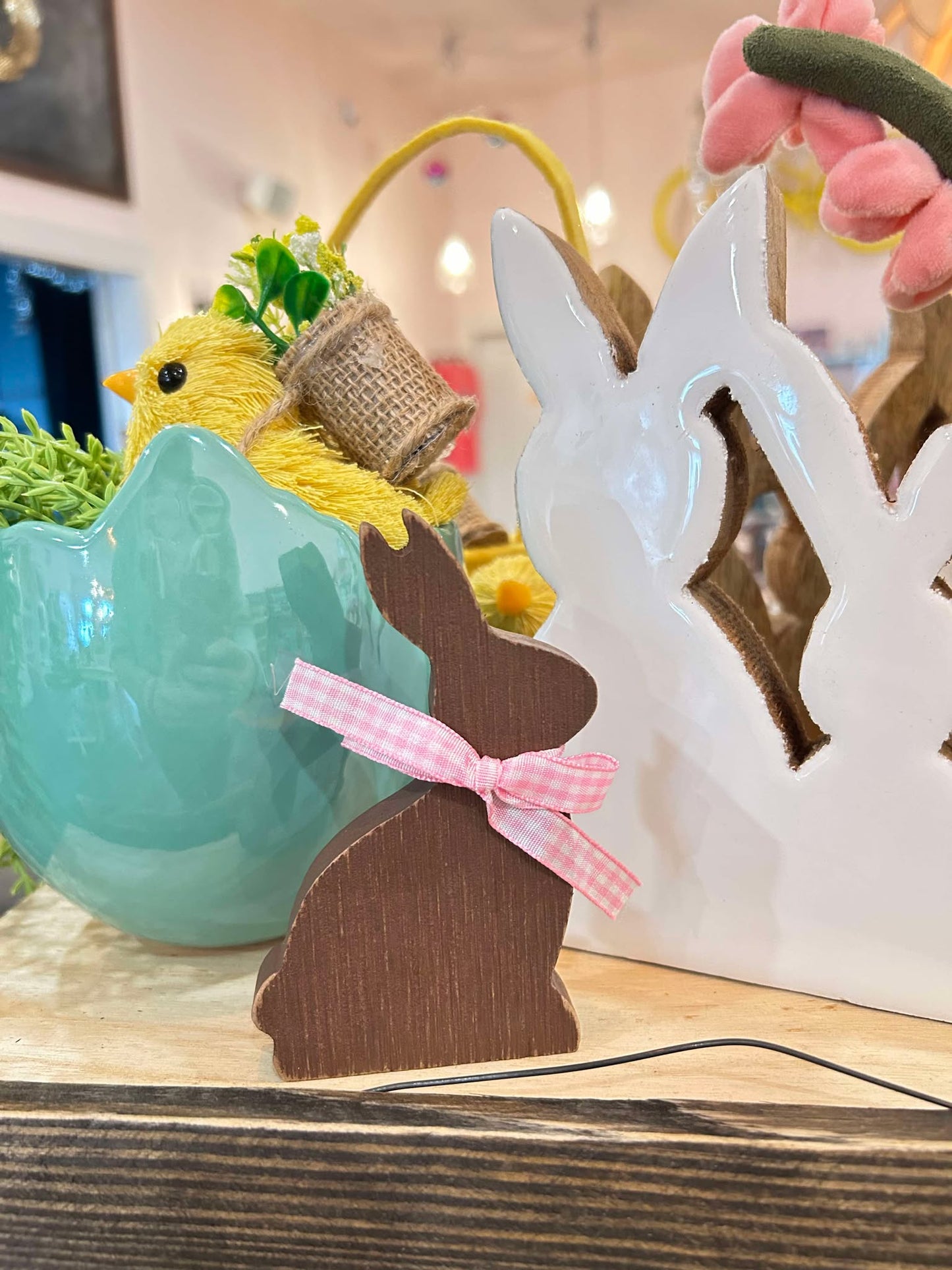 Wooden Chocolate Bunny Sitter With Pink Gingham  Bow