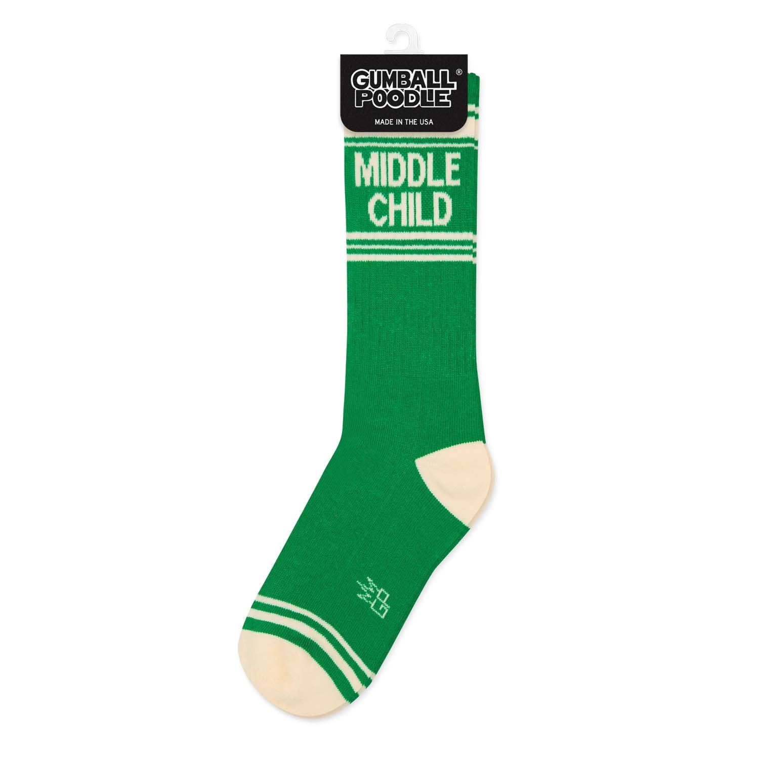 Green sock with 'Middle Child' text on a white background