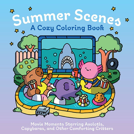Book cover of 'Summer Scenes: A Cozy Coloring Book' with cartoon characters watching a movie outdoors.