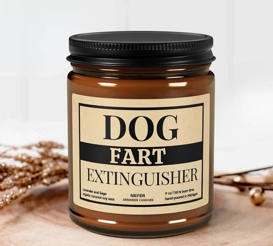 Funny candle with the text "Dog Fart Extinguisher" on a white and tan background