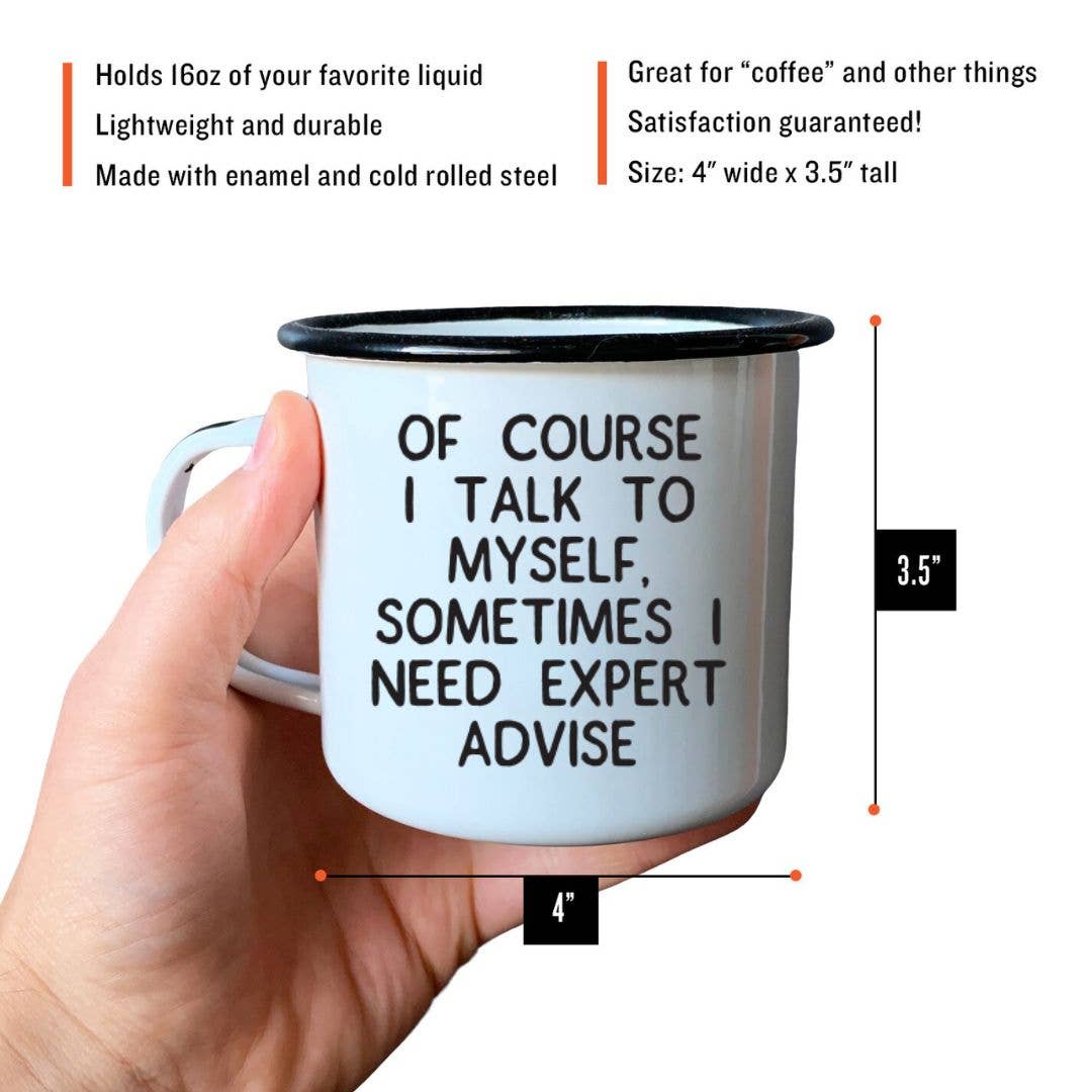 Enamel mug held in a hand with text and measurements on a white background