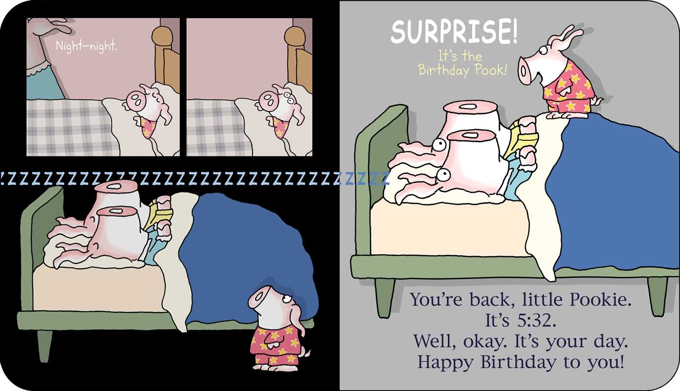 Cartoon of a pig waking up his parents for his birthday