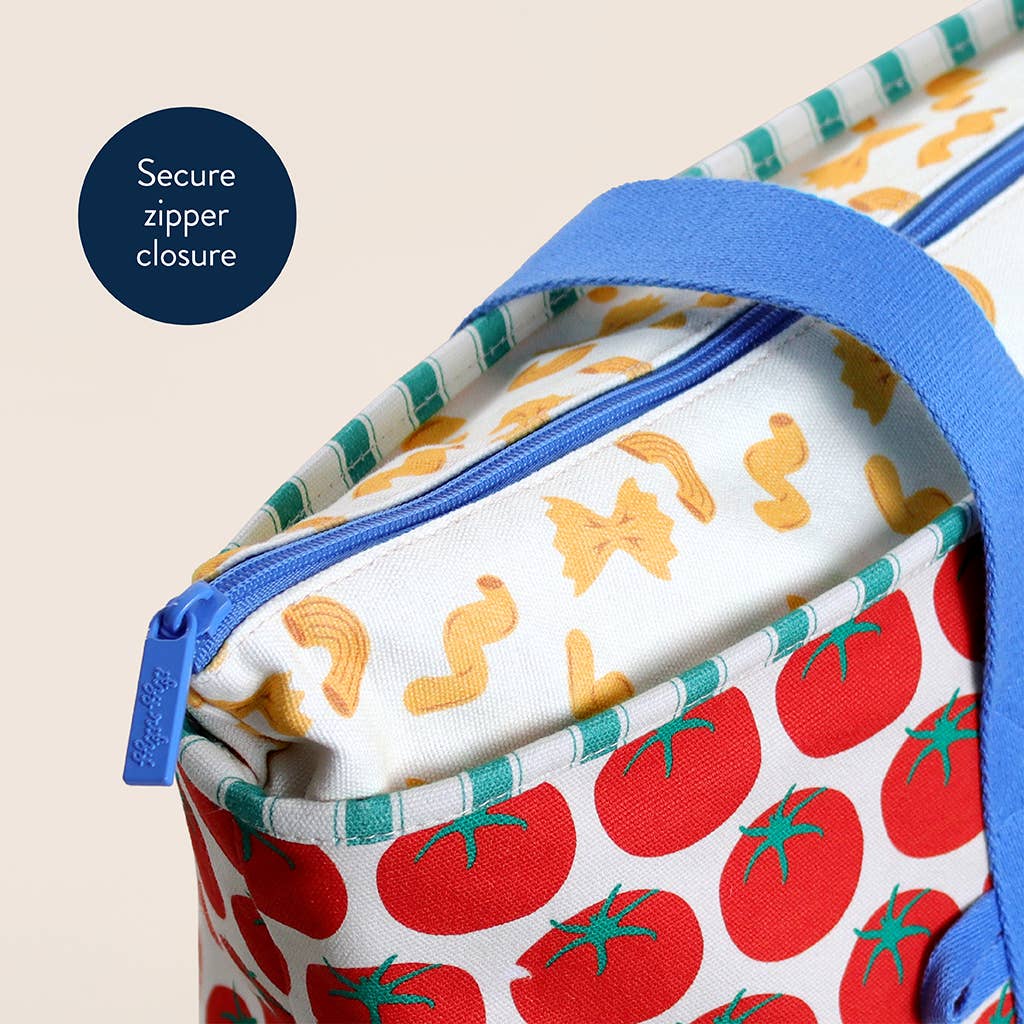 Fabric bag with tomato pattern and blue zipper, and text that reads Secure zipper closure" on a beige background
