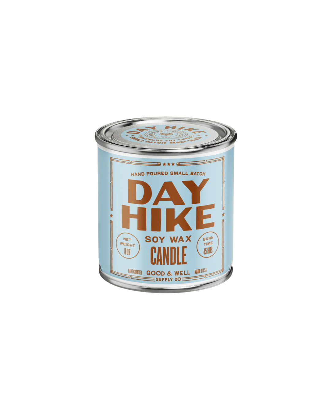 Day Hike soy wax candle in a tin can on a white background