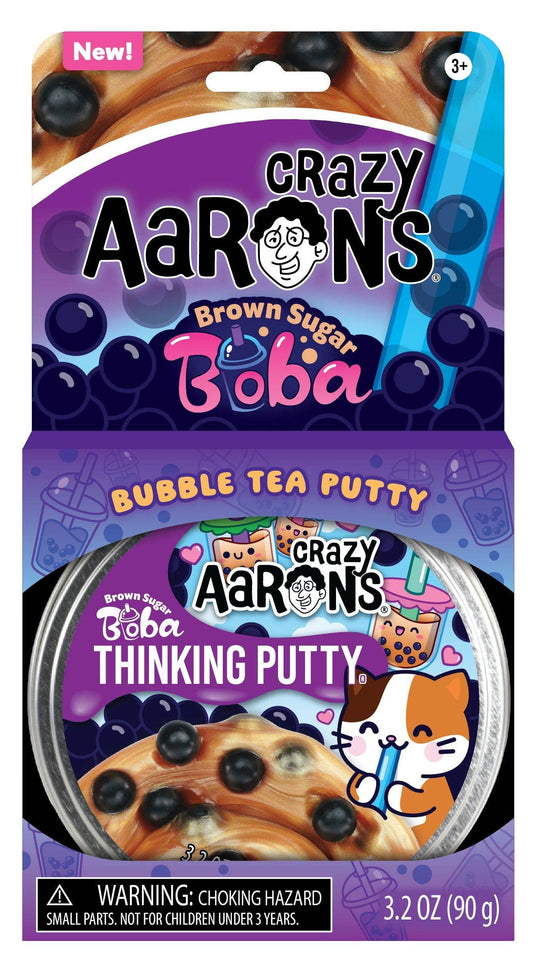 Crazy Aaron's Brown Sugar Boba bubble tea putty packaging with a purple background