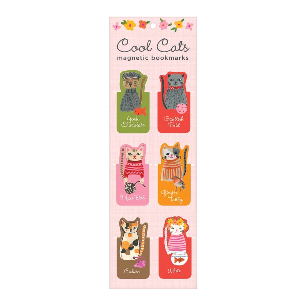 Pack of magnetic bookmarks with cat illustrations on a pink background