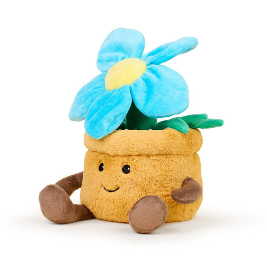 Plush Warmies resembling a potted plant with a blue flower on a white background