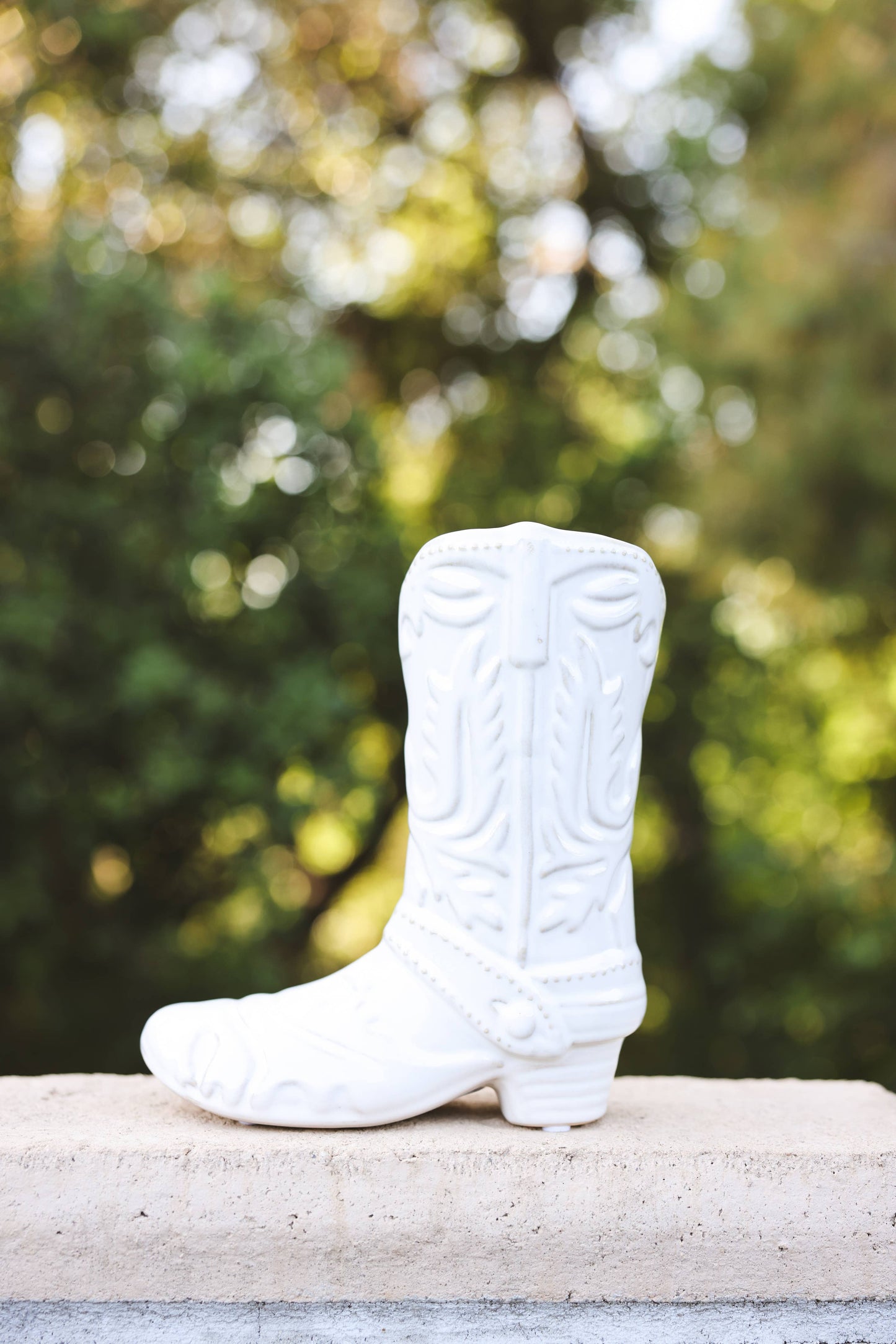 White cowboy boot on a stone ledge with a blurred green background