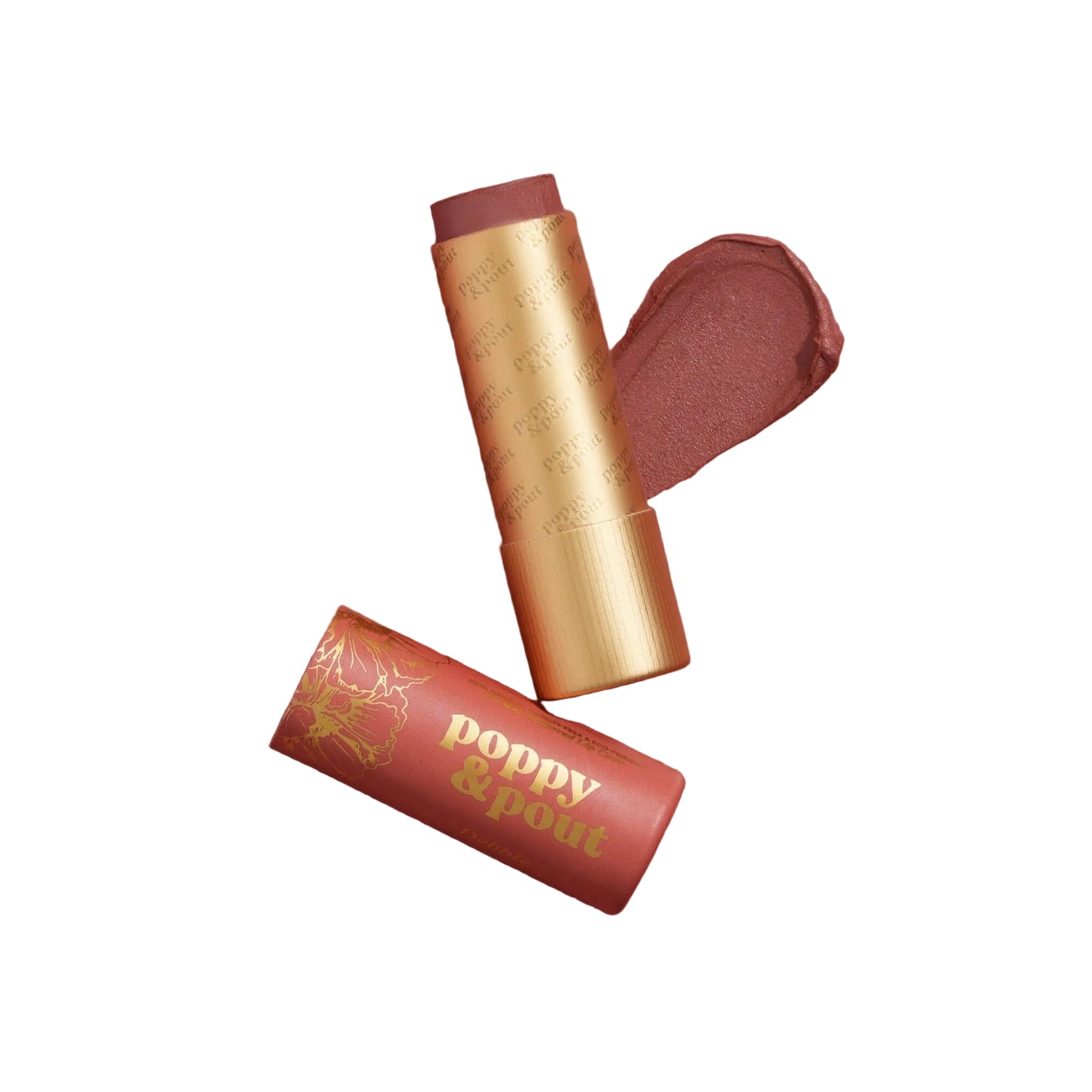 Makeup stick with gold cap and red casing on a white background