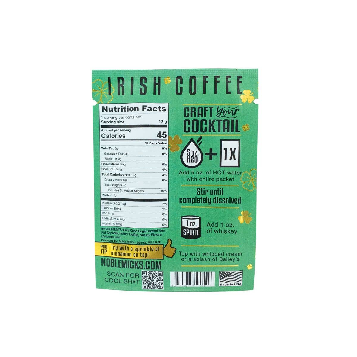 Noblemicks Irish Coffee mix packaging with nutritional facts and usage instructions on a white background