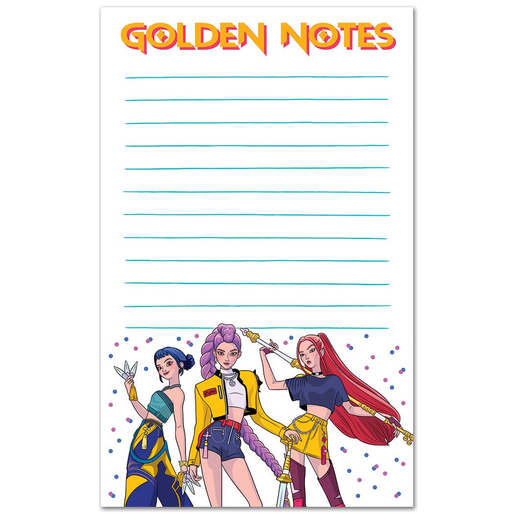 Notepad with cartoon characters and 'Golden Notes' branding
