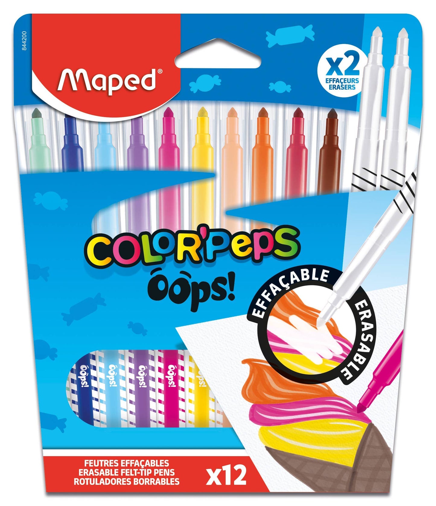 Maped Color'Peps OOPS! erasable felt-tip pens packaging with multiple colors.