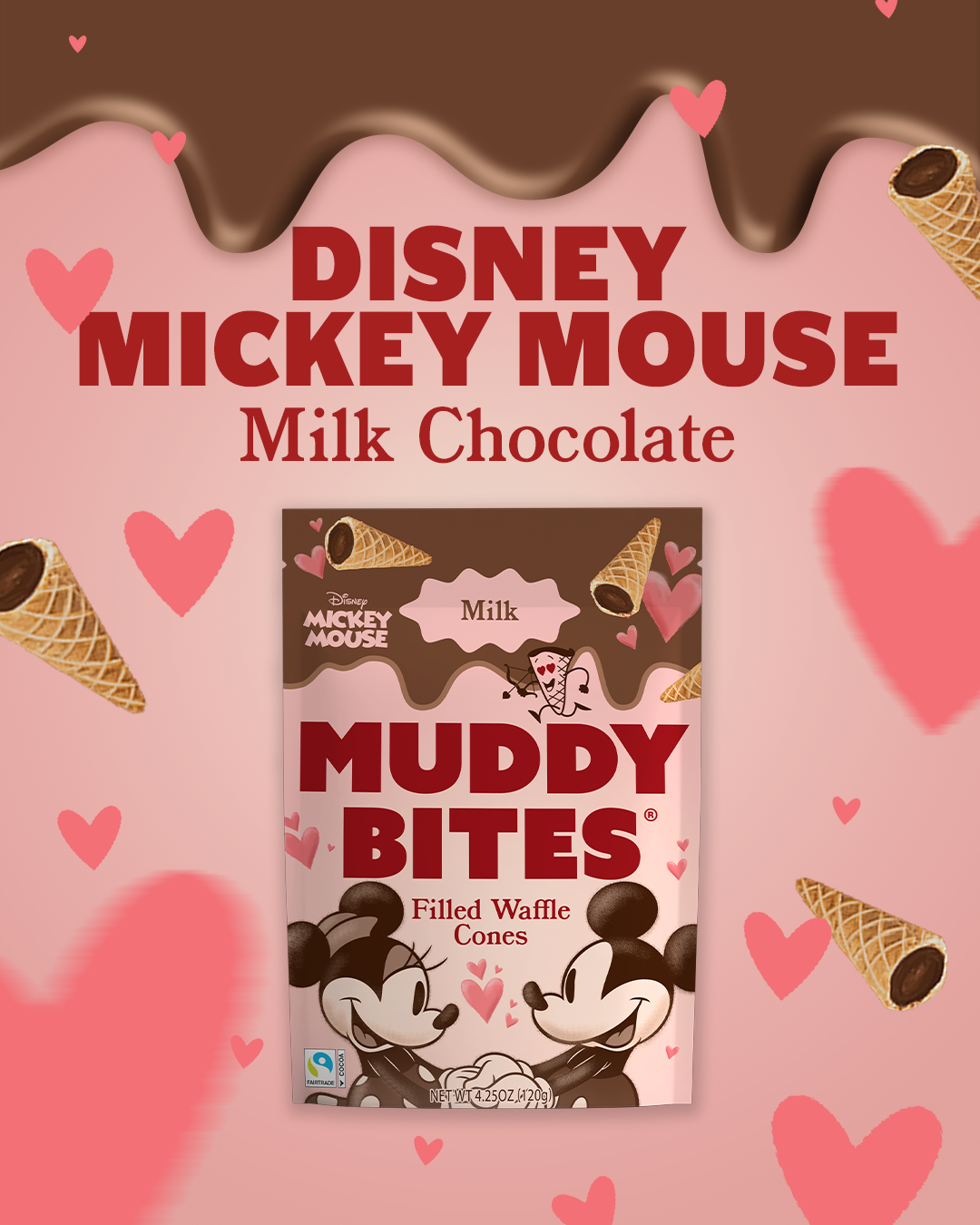 Disney Mickey Mouse Muddy Bites chocolate product packaging with hearts and waffle cones on a pink background.
