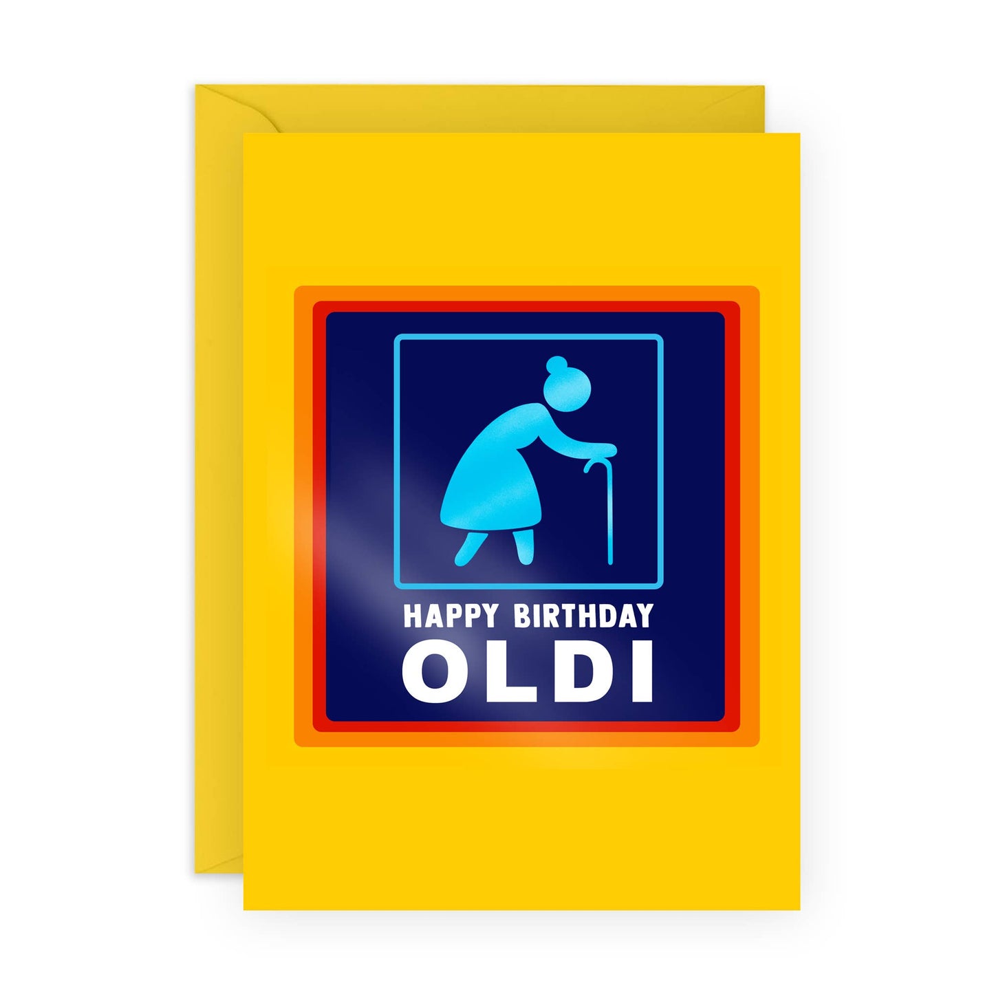 Birthday card with blue icon and text on a yellow background