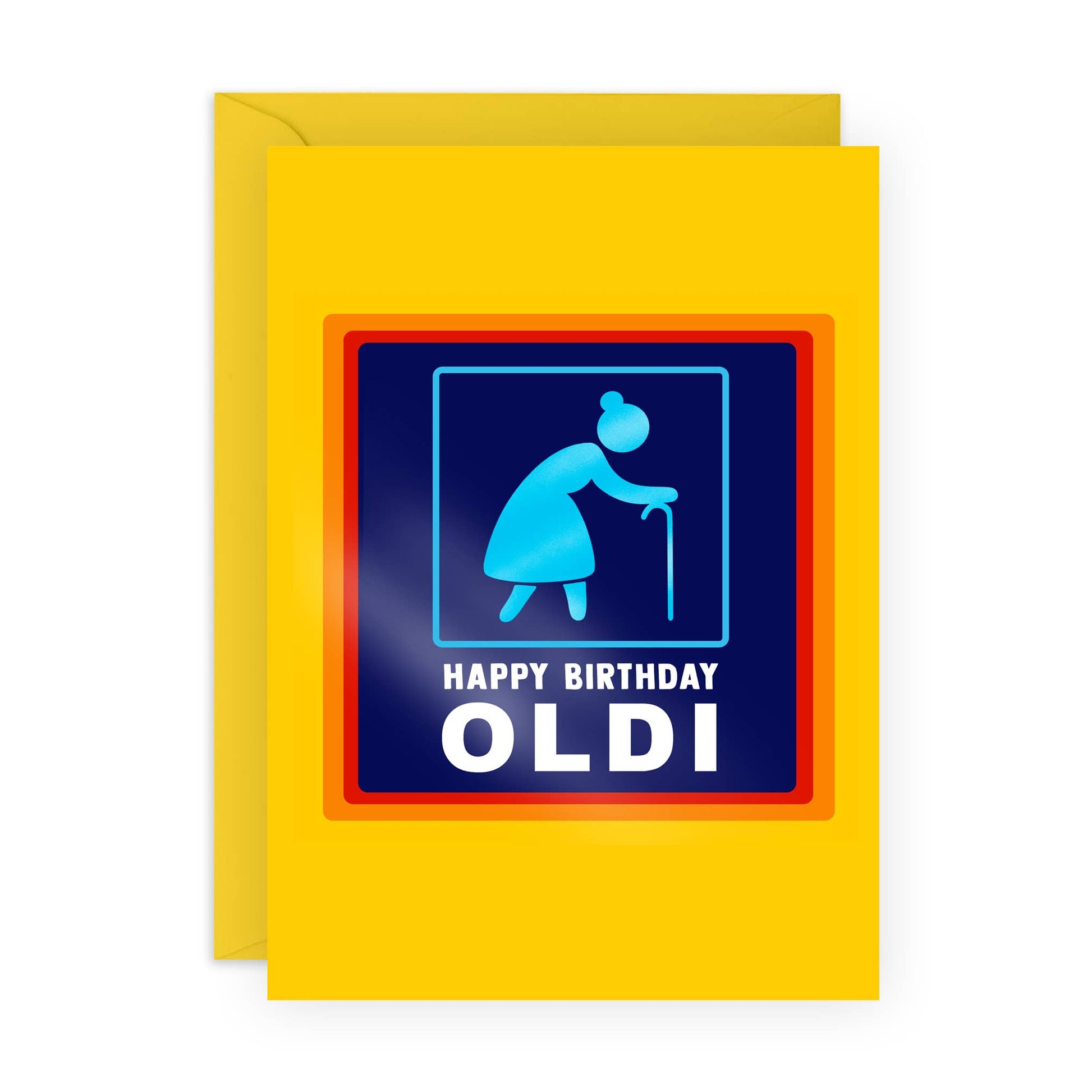 Birthday card with blue icon and text on a yellow background