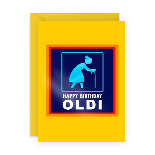 Birthday card with blue icon and text on a yellow background