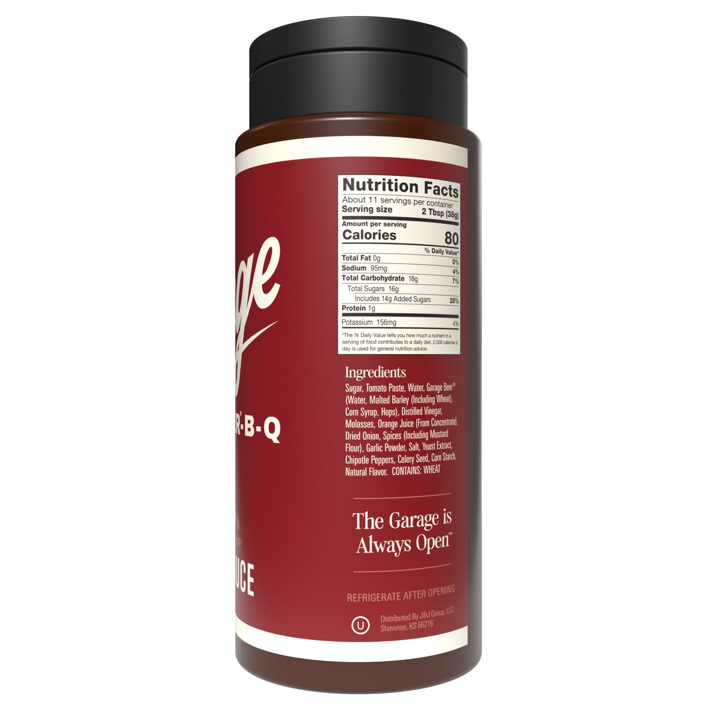 Maroon container with black lid featuring 'The Garage' branding and nutrition facts label.