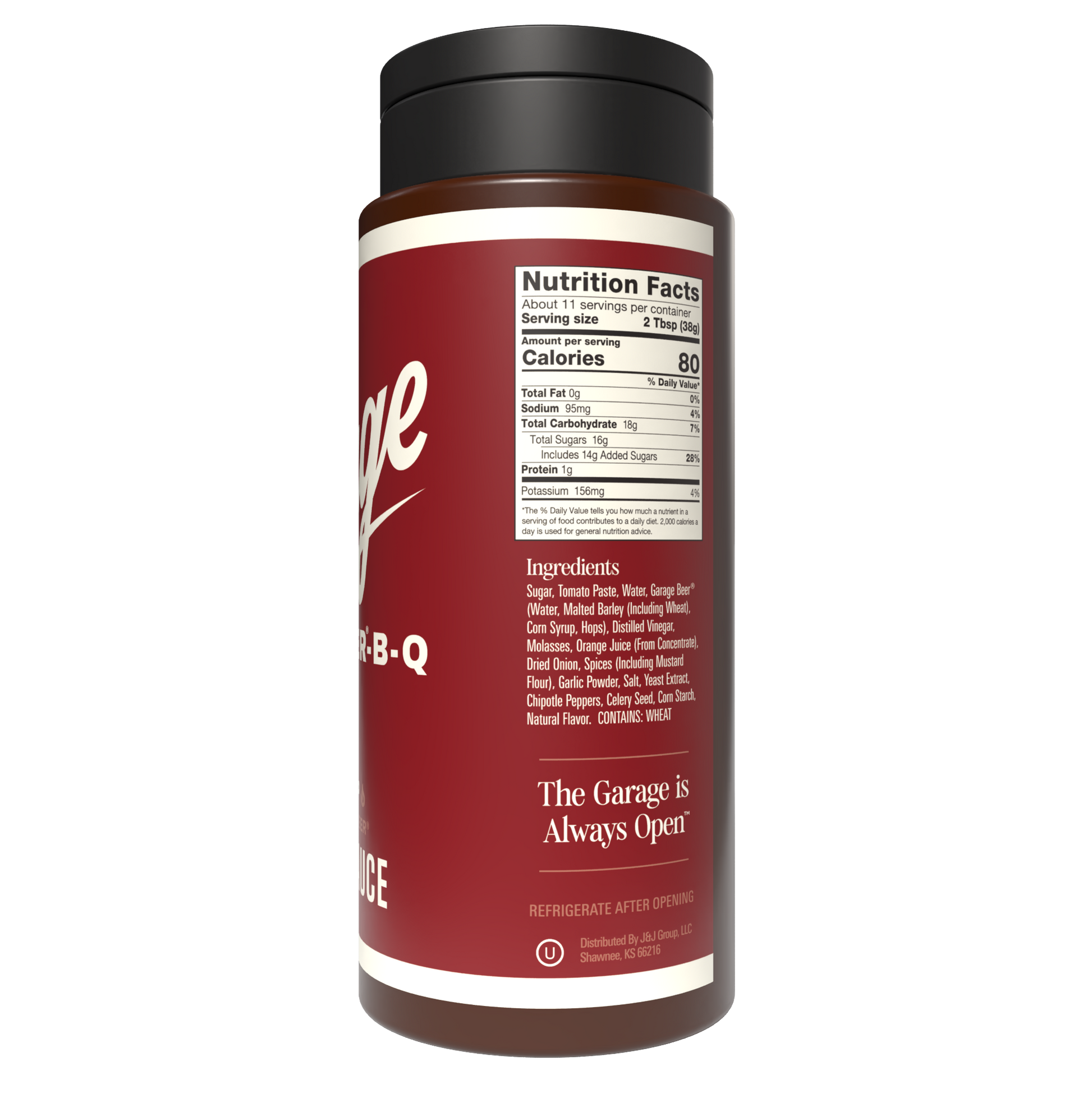 Maroon container with black lid featuring 'The Garage' branding and nutrition facts label.
