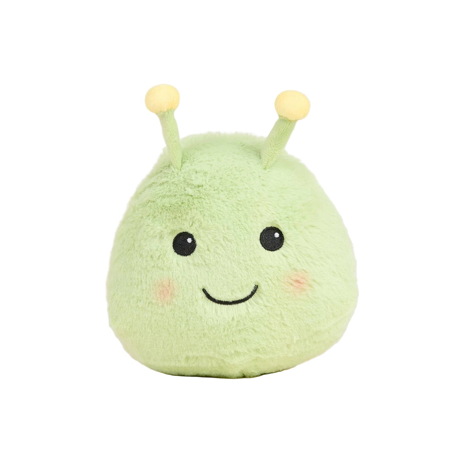 Green plush caterpillar Warmies with smiling face on a white background