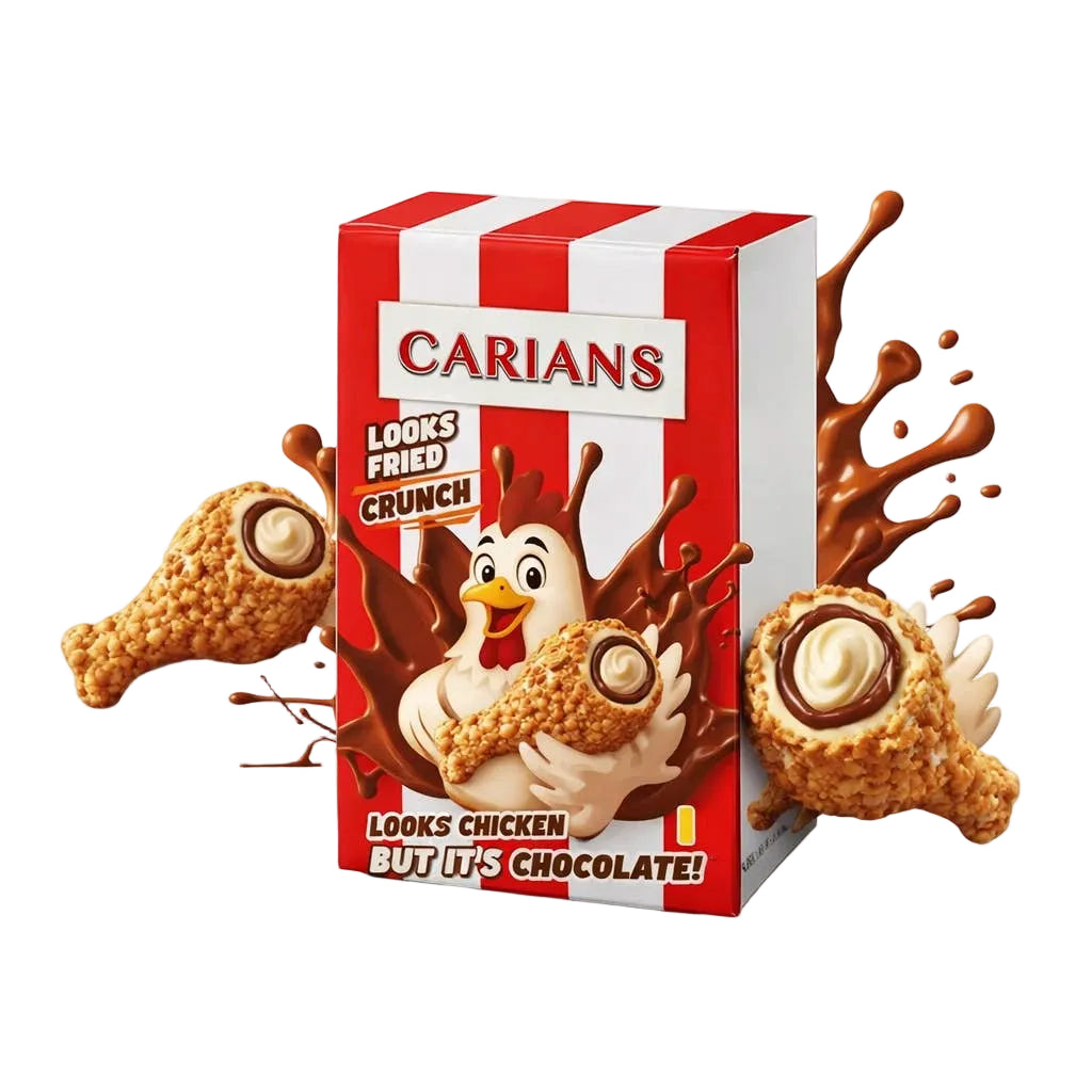 Carians chocolate product packaging with cartoon chicken and chocolate splashes on a white background