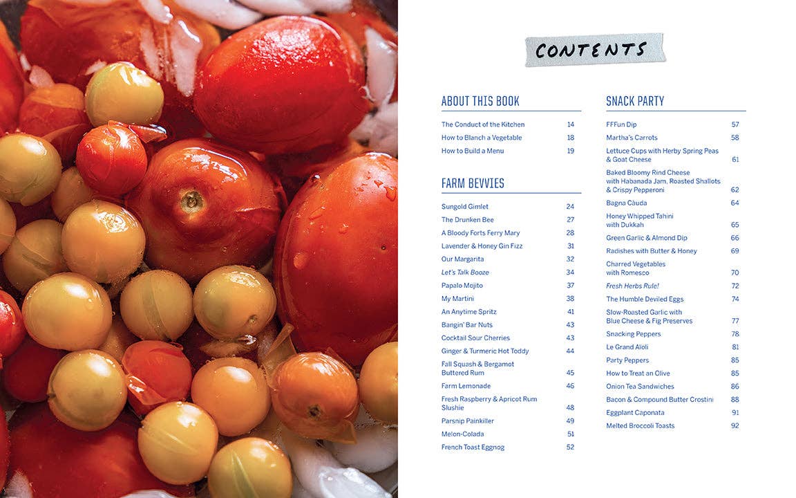 Colorful tomatoes and a table of contents for a cookbook on the right.