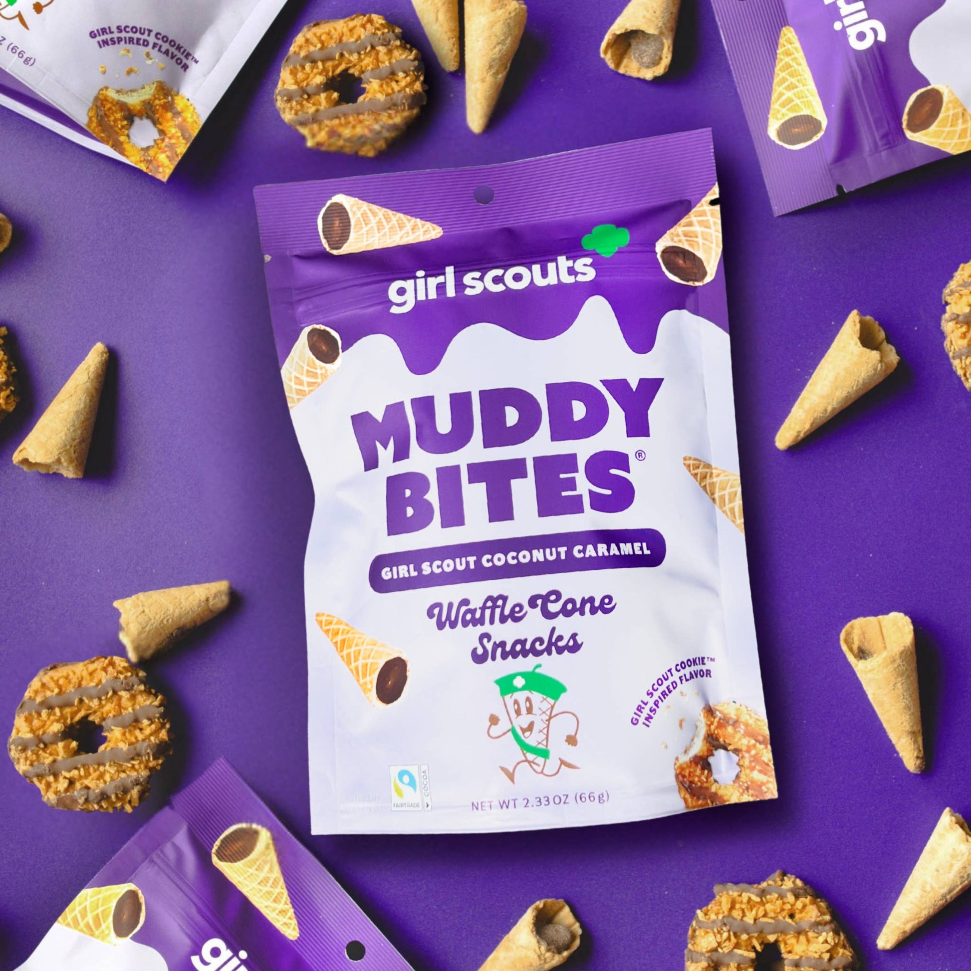 Girl Scouts Muddy Bites waffle cone snacks on a purple background