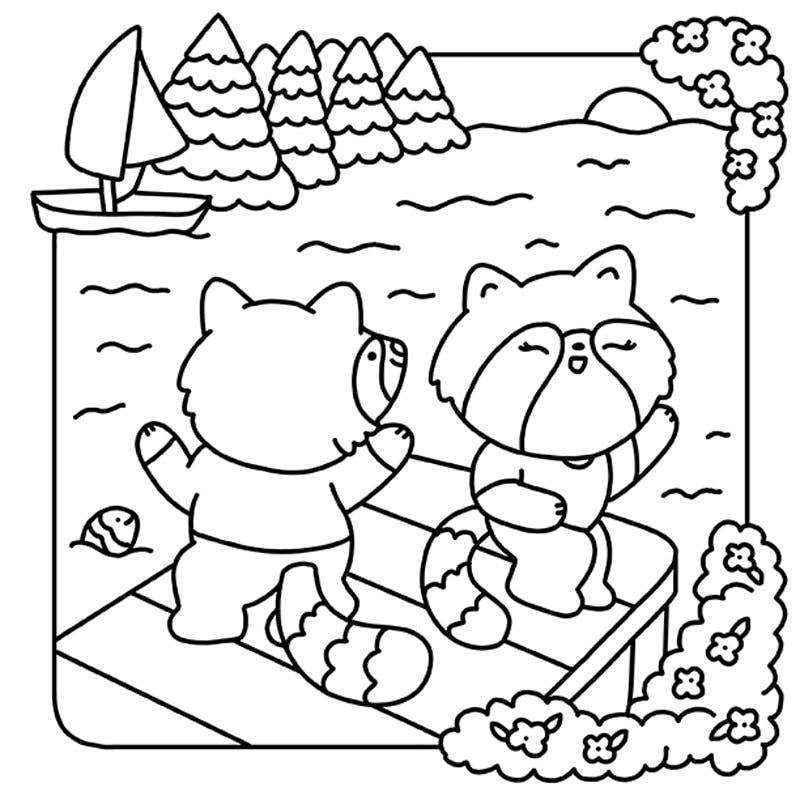 Black and white illustration of two bears on a raft with a sailboat and trees in the background.