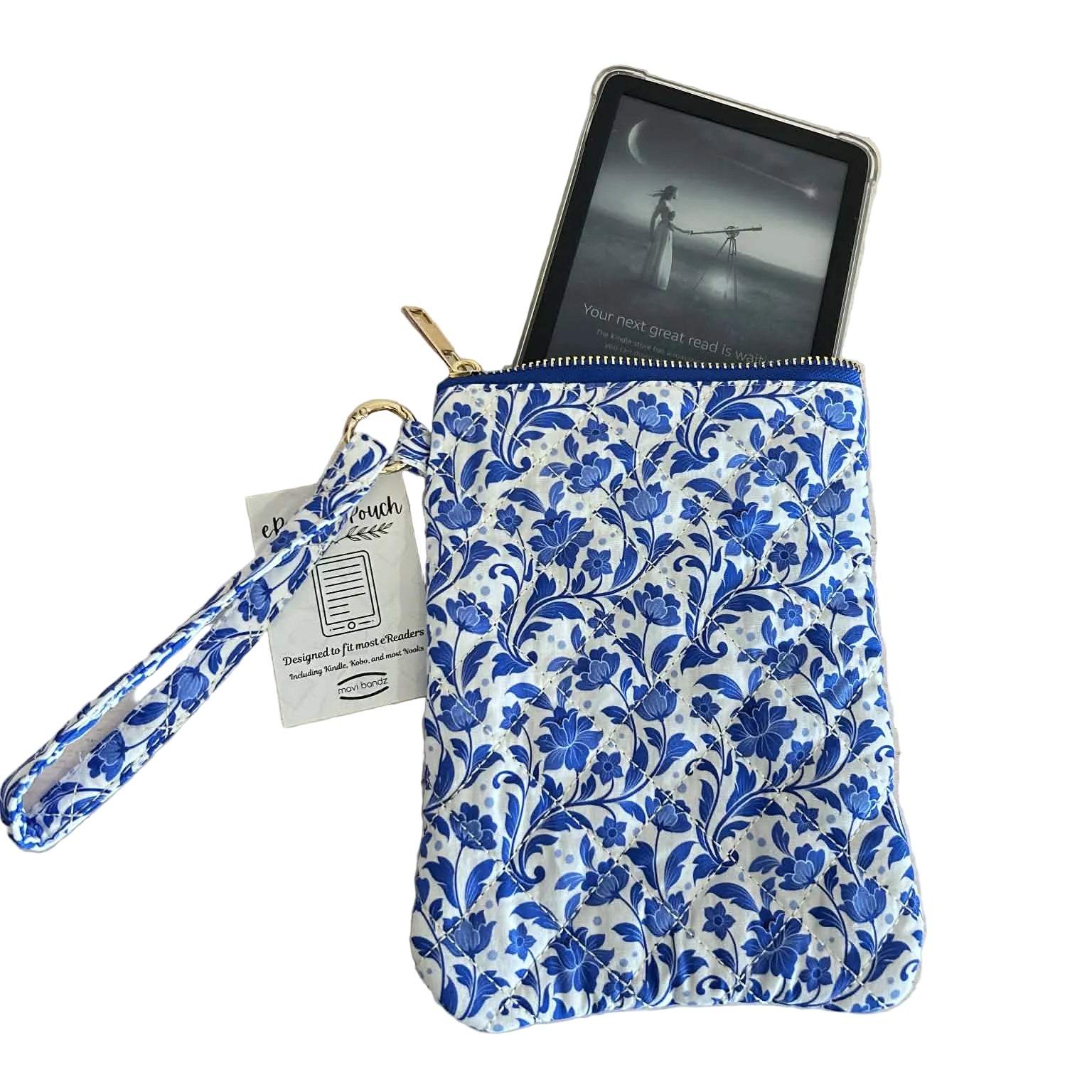 Blue floral pouch with a tag on a light wooden surface