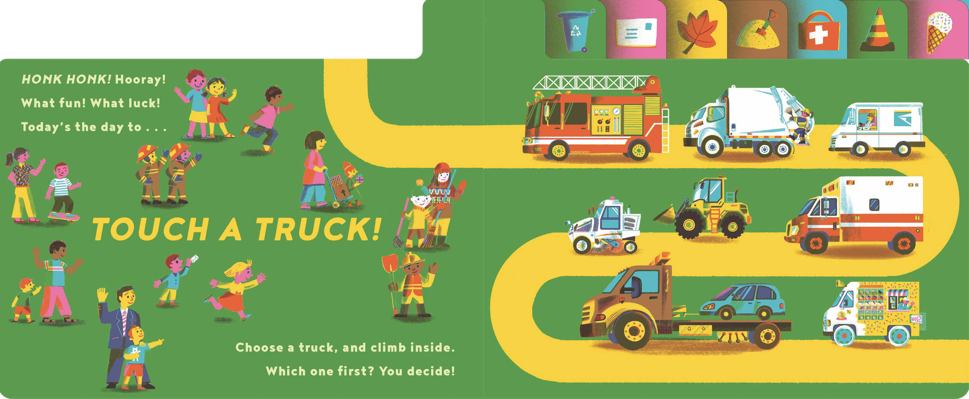 Children's book cover with illustrations of children and trucks on a green background