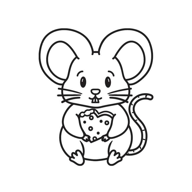 Black and white line drawing of a cartoon mouse with a heart shaped piece of cheese on a white background