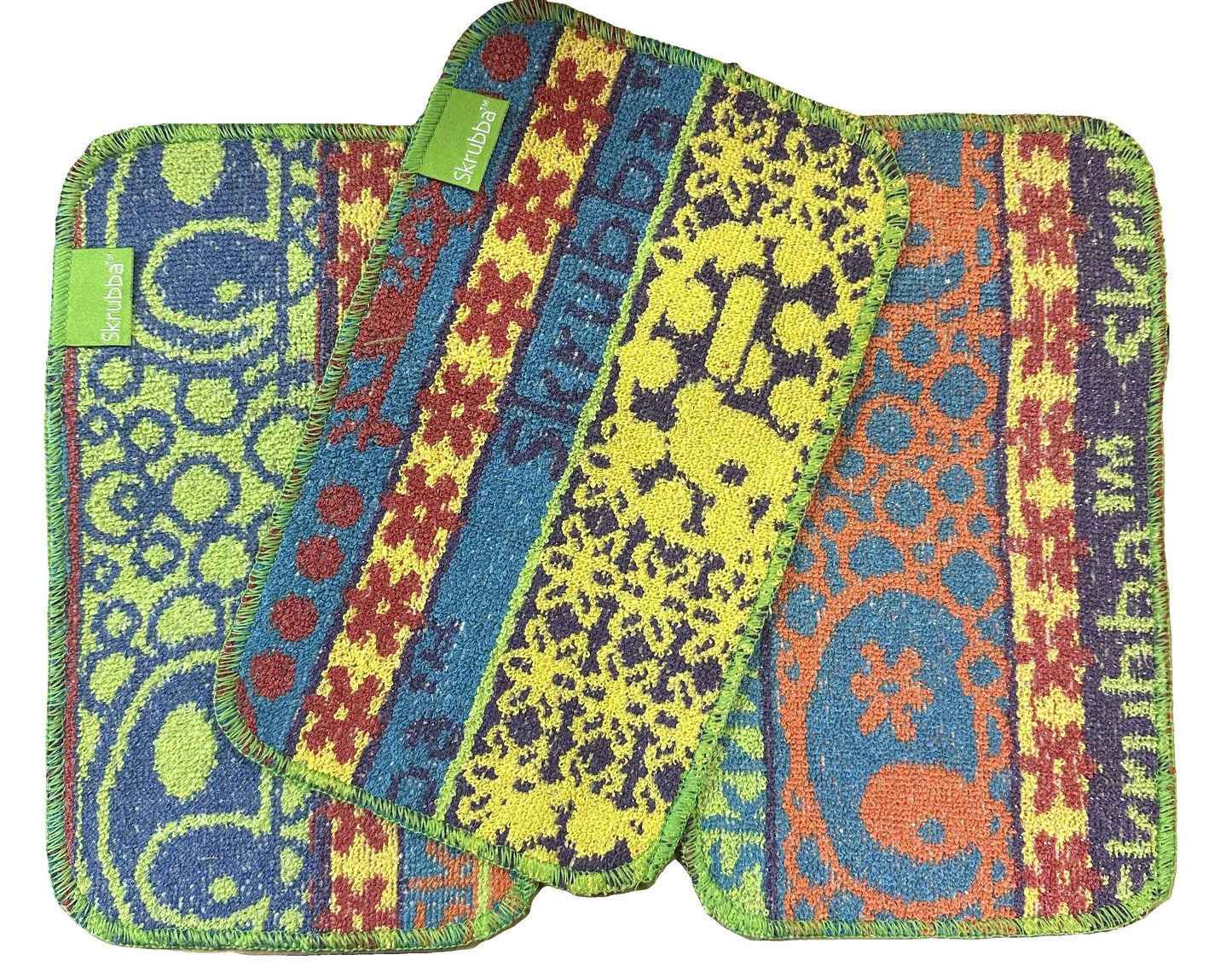 Set of colorful patterned cloths with a brand label on a white background