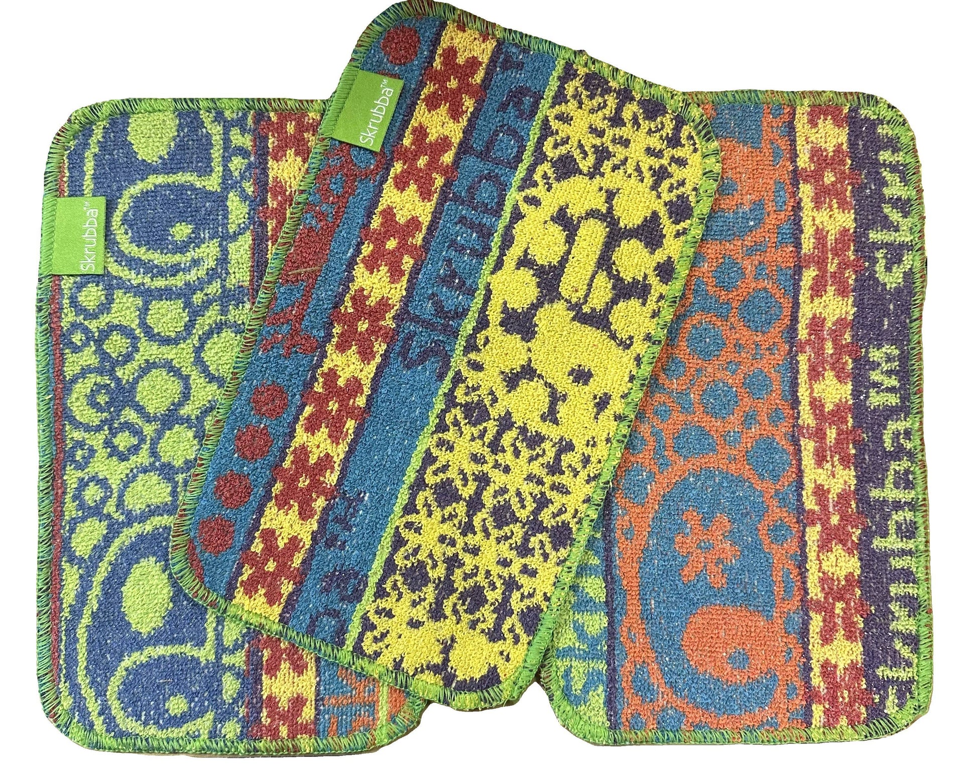 Set of colorful patterned cloths with a brand label on a white background