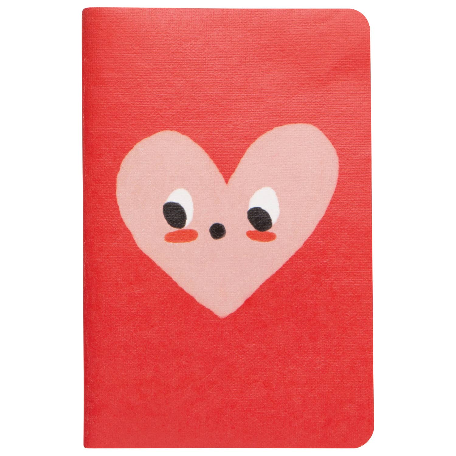 Red notebook with a heart-shaped face on a white background