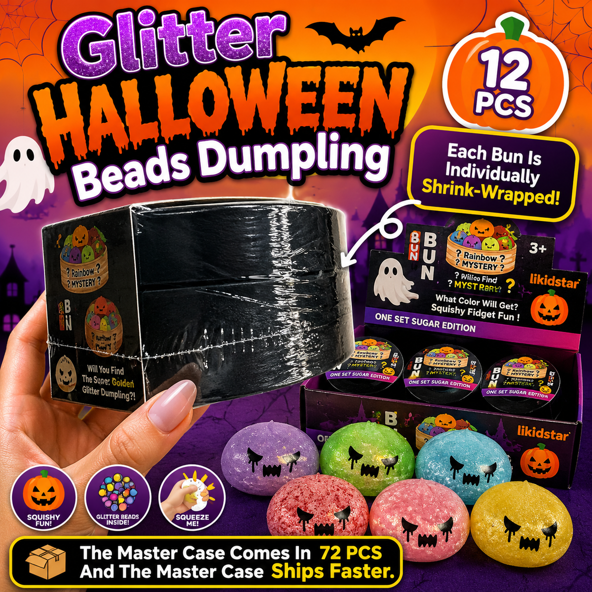 Halloween-themed promotional graphic for glitter beads dumpling candy. A hand holds a shrink-wrapped black master case, with additional branded boxes and several colorful round beads displayed in front.