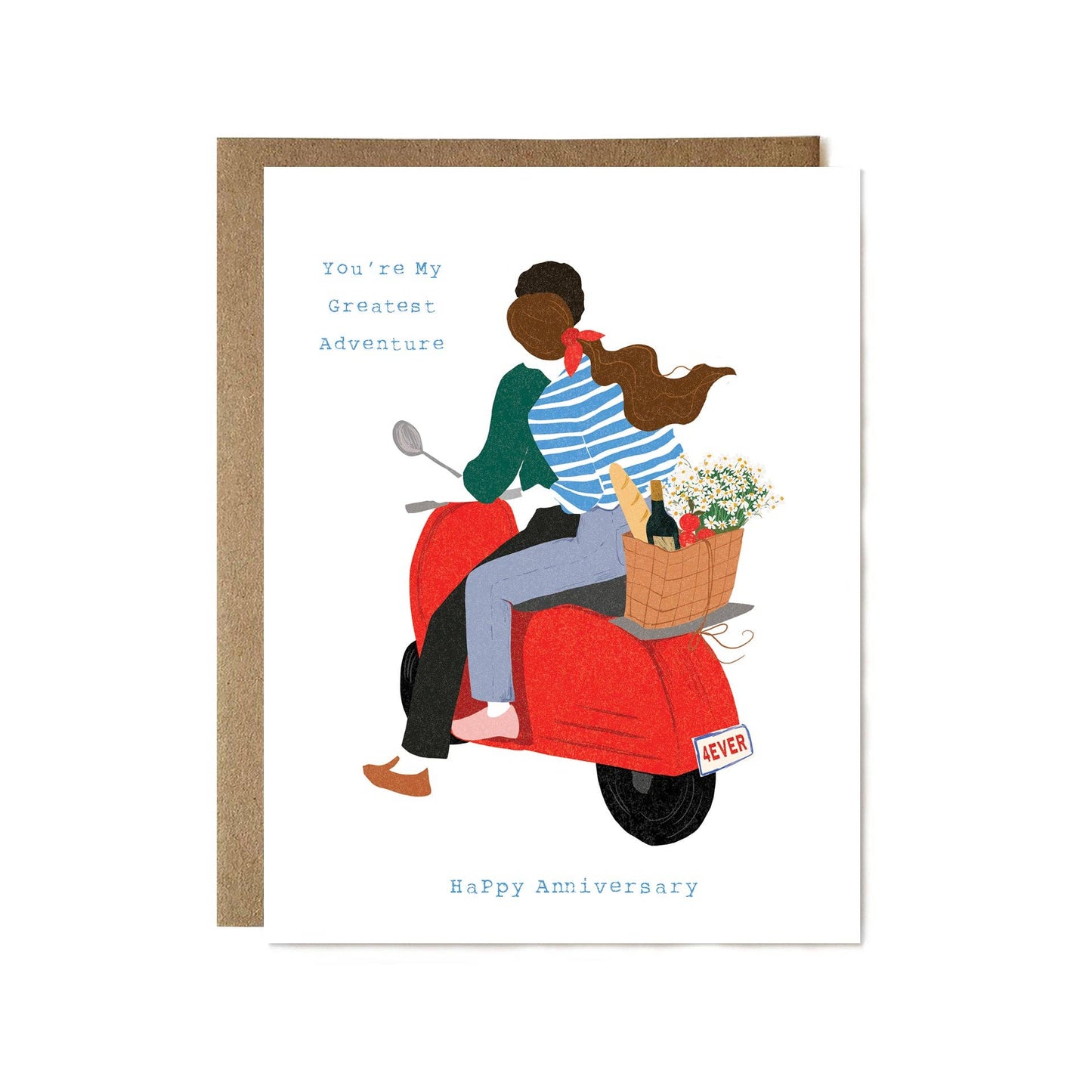 Illustration of a couple on a scooter with flowers and a bottle, accompanied by text 'You're My Greatest Adventure' and 'Happy Anniversary'.