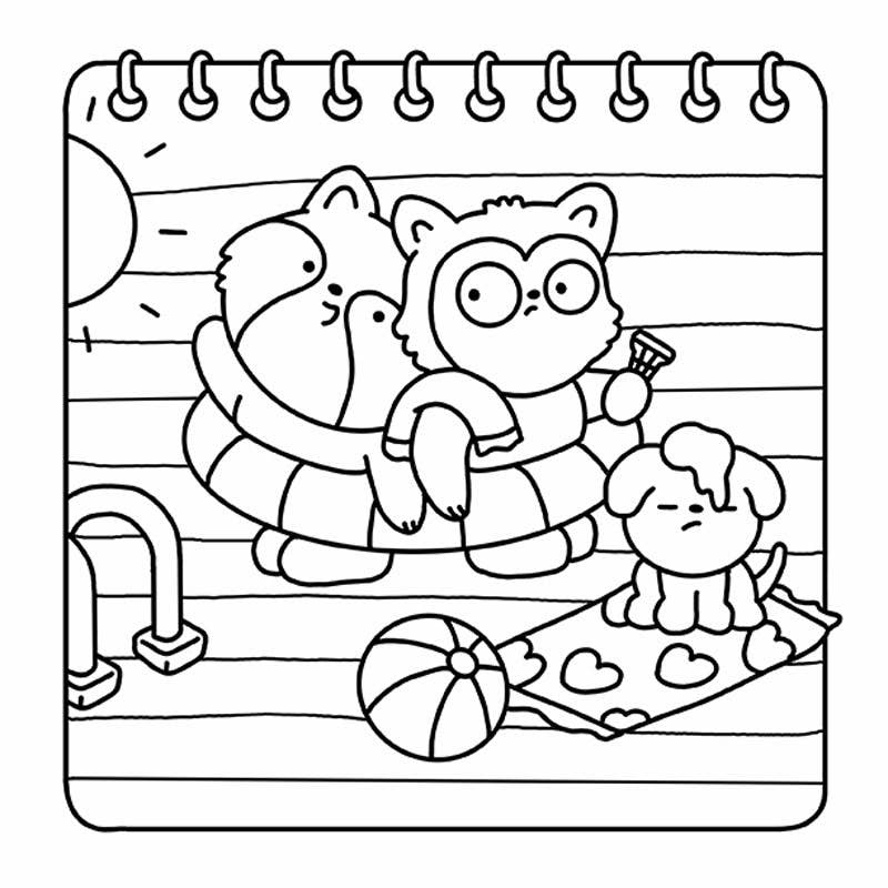 Cartoon raccoons and dog on a beach with a ball and towel, coloring book style.