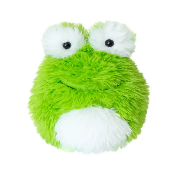 Green and white plush toy on a white background