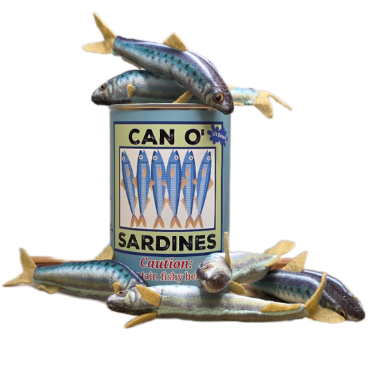 Can of sardines with sardines jumping out of the can on a white background