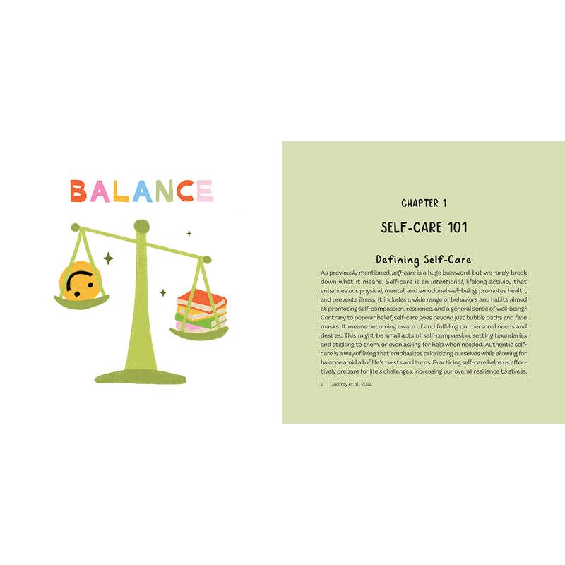 Book page with 'Balance' title and cartoon scale on a white background