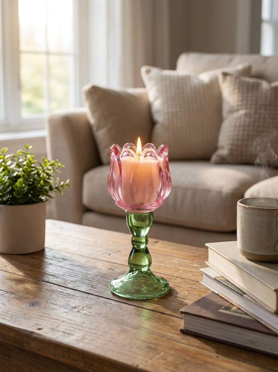 Decorative Pink tulip shaped glass candle with green stem base  on a wooden table with a cozy living room background.