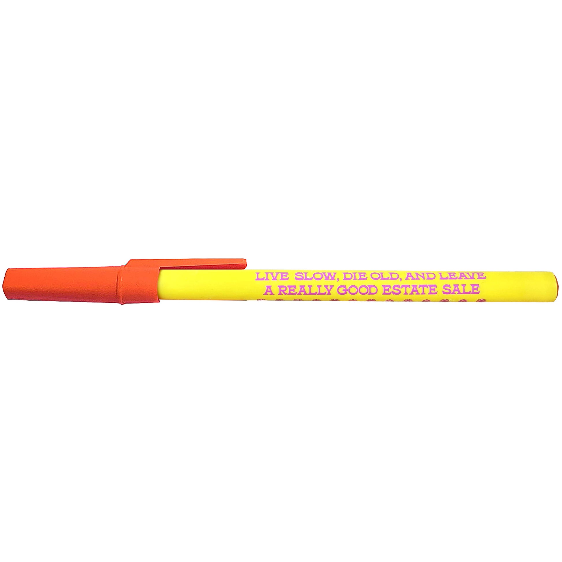 Orange and yellow marker with humorous text on a white background