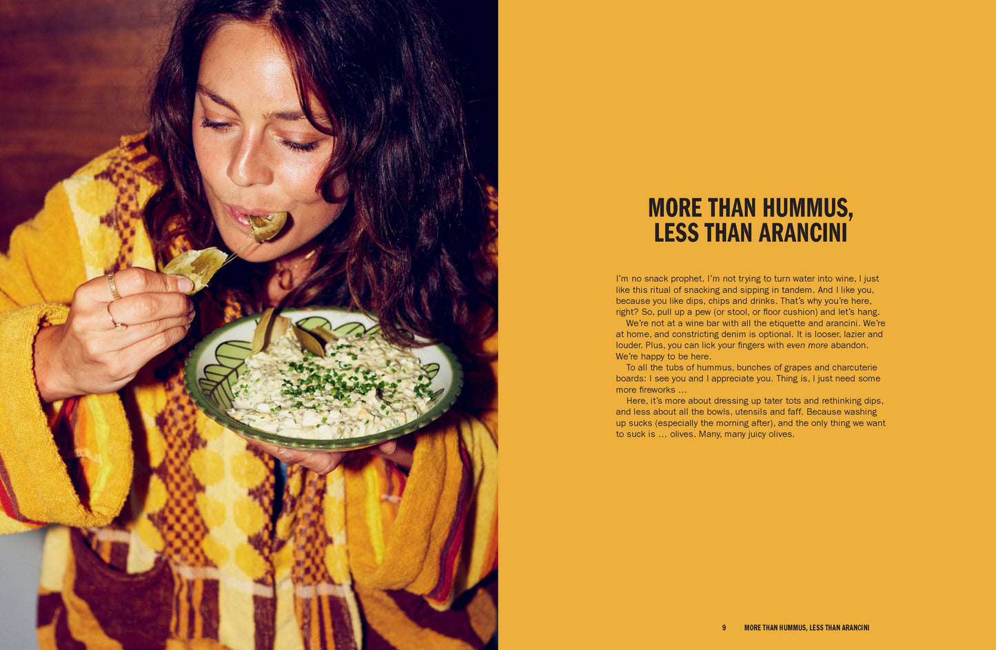 Woman eating from a plate with text 'More than hummus, less than arancini' on a yellow background