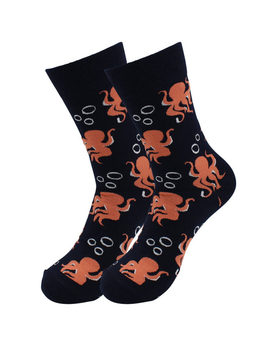 Black socks with orange octopus pattern on a white background