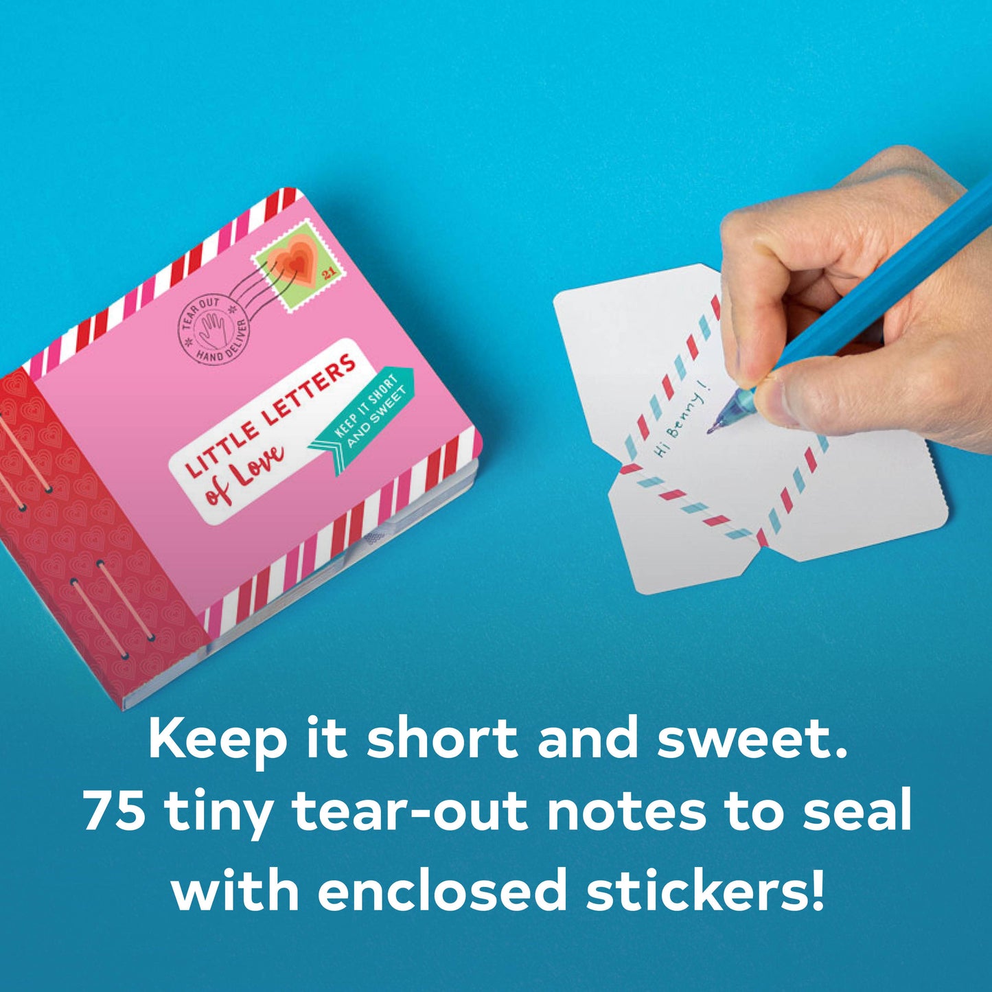 Product packaging of 'Little Letters of Love' with cards and text on a blue background